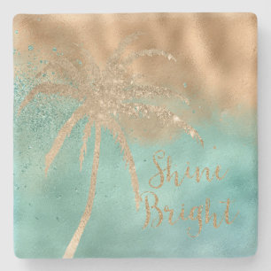 Aqua Gold Palm Tree Shine Bright Glitter           Stone Coaster