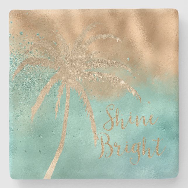 Aqua Gold Palm Tree Shine Bright Glitter           Stone Coaster (Front)