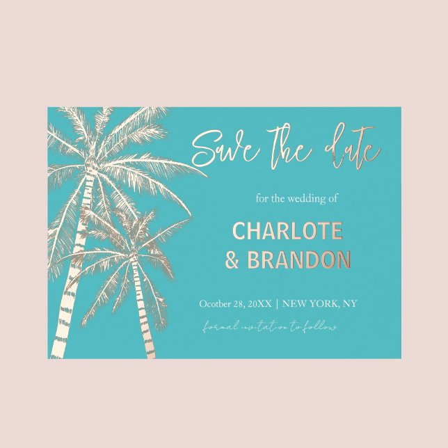 Aqua Gold Palm Trees Beach Wedding Save The Date (Creator Uploaded)