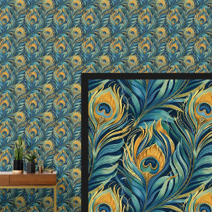 Aqua & Gold Peacock Feathers  Wallpaper