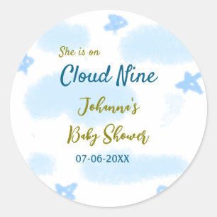Aqua gold she is on cloud nine baby shower clouds classic round sticker