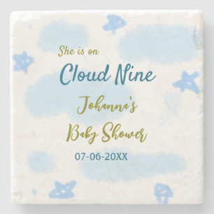 Aqua gold she is on cloud nine baby shower clouds stone coaster