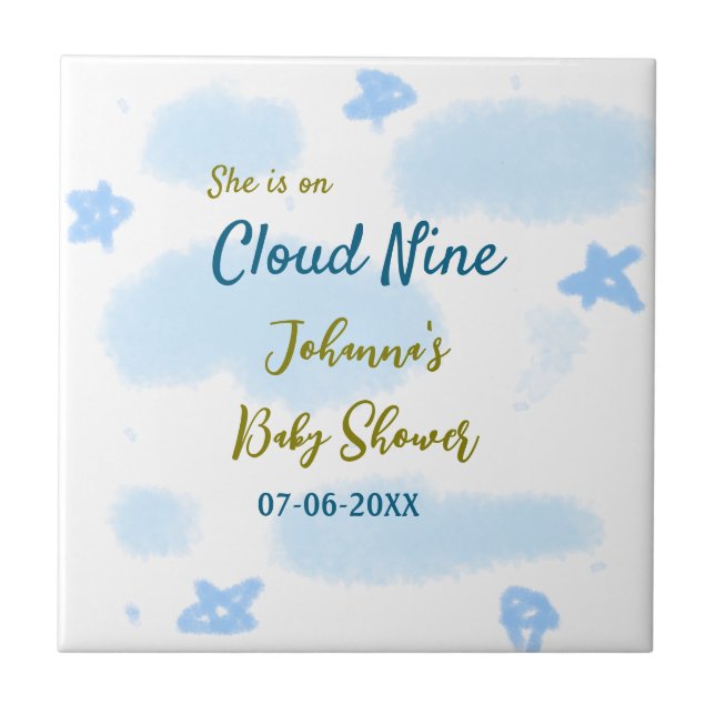 Aqua gold she is on cloud nine baby shower clouds  tile (Front)