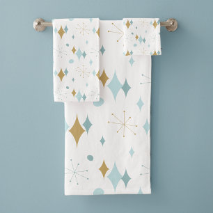 Aqua, Gold Starburst Mid Century Pattern Bath Towel Set