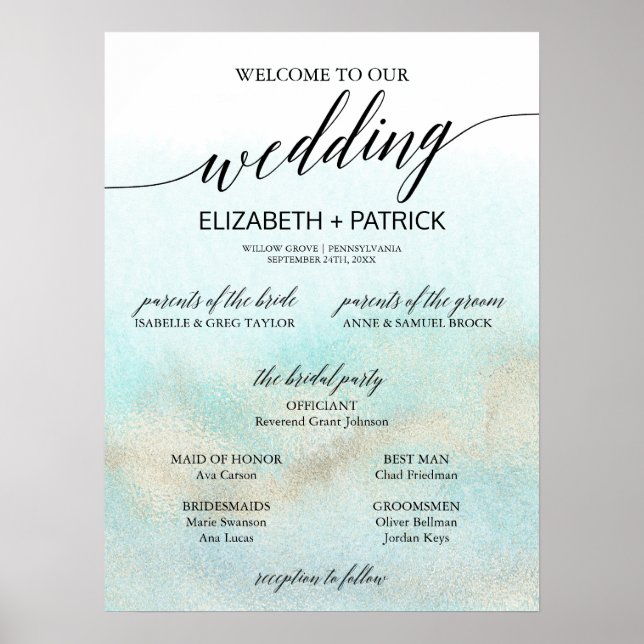 Aqua & Gold Watercolor Beach Small Wedding Program Poster (Front)