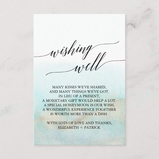 Aqua & Gold Watercolor Beach Wedding Wishing Well Enclosure Card (Front)