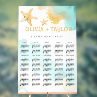 Aqua Gold Watercolor Beachy Starfish Wedding Acrylic Sign