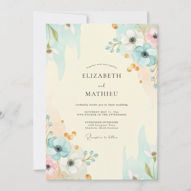 Aqua Gold Watercolor Wedding Invitation (Front)