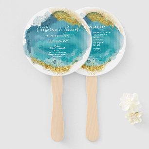 Aqua & Gold Watercolour Wedding Ceremony program Hand Fan