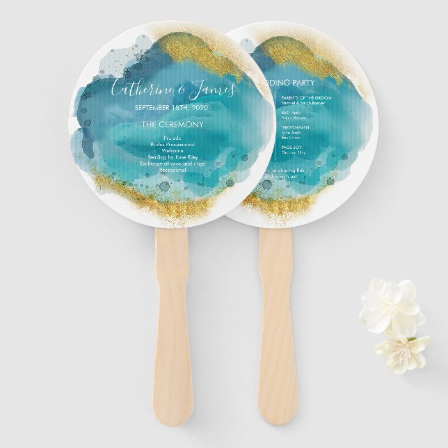 Aqua & Gold Watercolour Wedding Ceremony program Hand Fan (Front and Back)