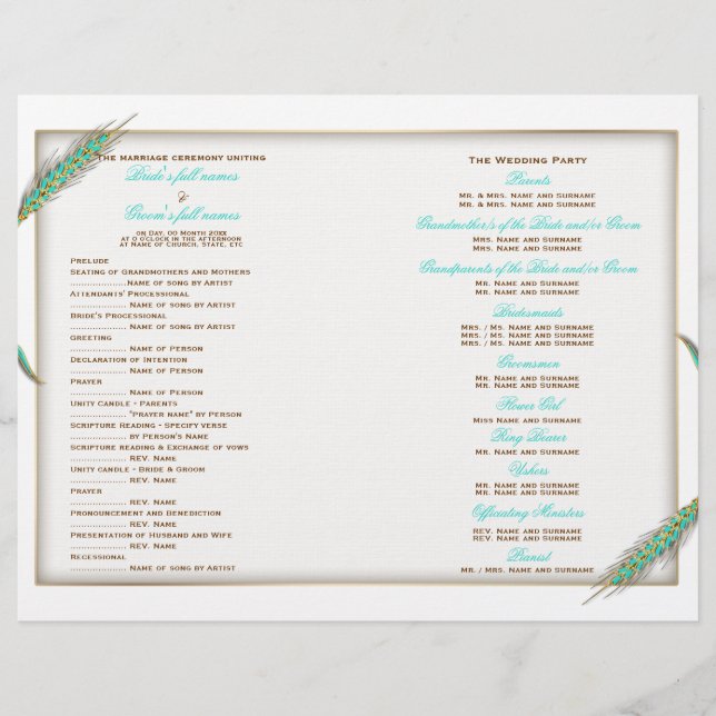 Aqua gold wedding program wheat (Front)