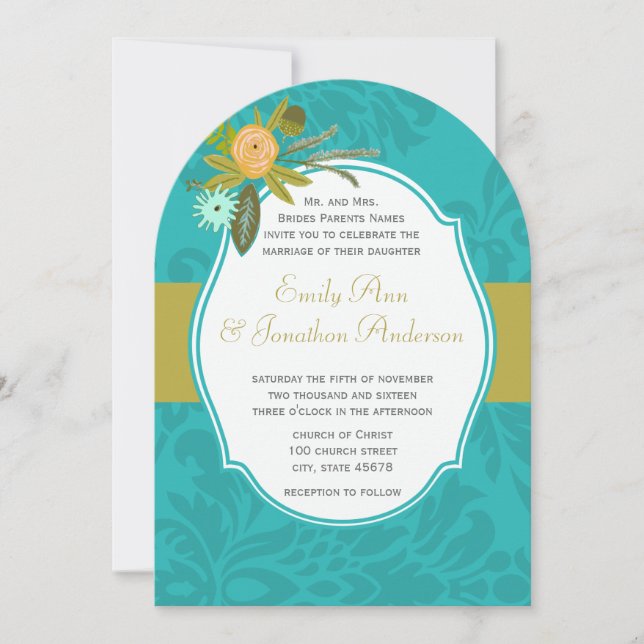 Aqua Golden Lime Chartreuse Damask Wedding Invite (Front)