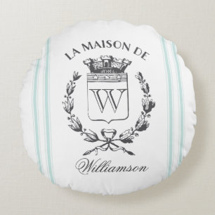Aqua Grain Sack Custom Family Crest Round Pillow