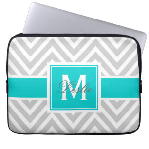 AQUA, GRAY CHEVRON PATTERN PERSONALIZED LAPTOP SLEEVE