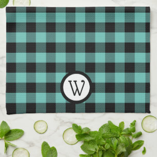 Aqua Green and Black  Buffalo Plaid with Monogram Tea Towel