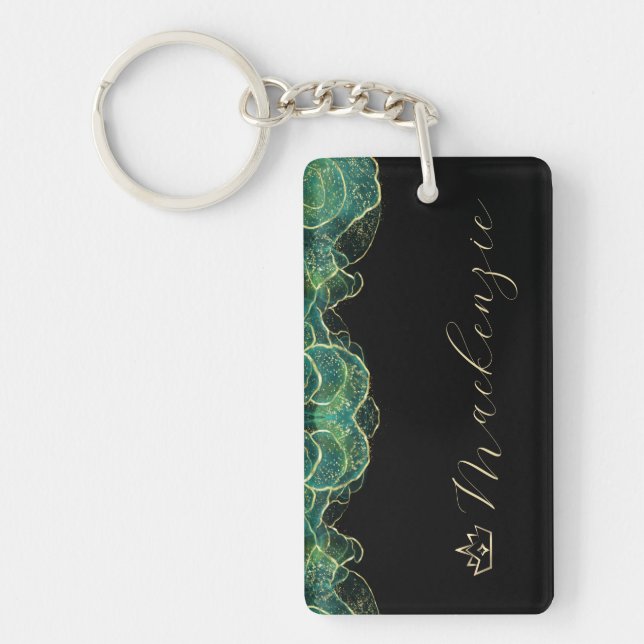 Aqua Green and Gold Elegant Script Personalised Key Ring (Front)