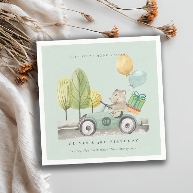 Aqua Green Any Age Birthday Party Teddy Car Napkin (Creator Uploaded)