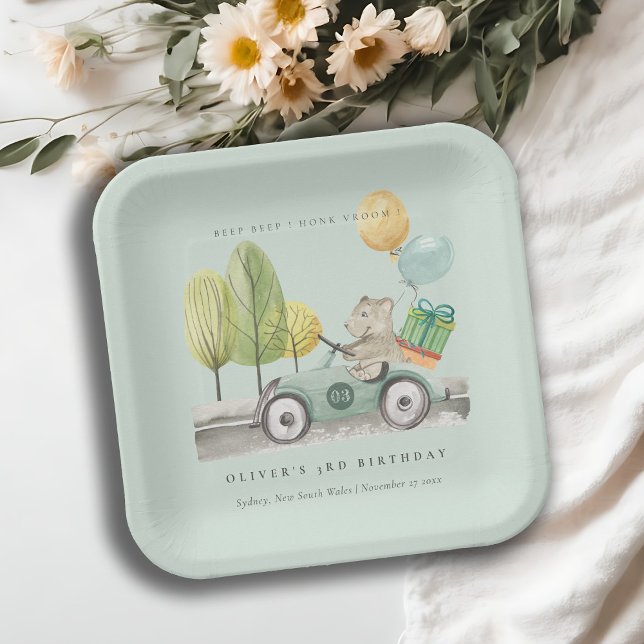 Aqua Green Any Age Birthday Party Teddy Car Paper Plate (Creator Uploaded)