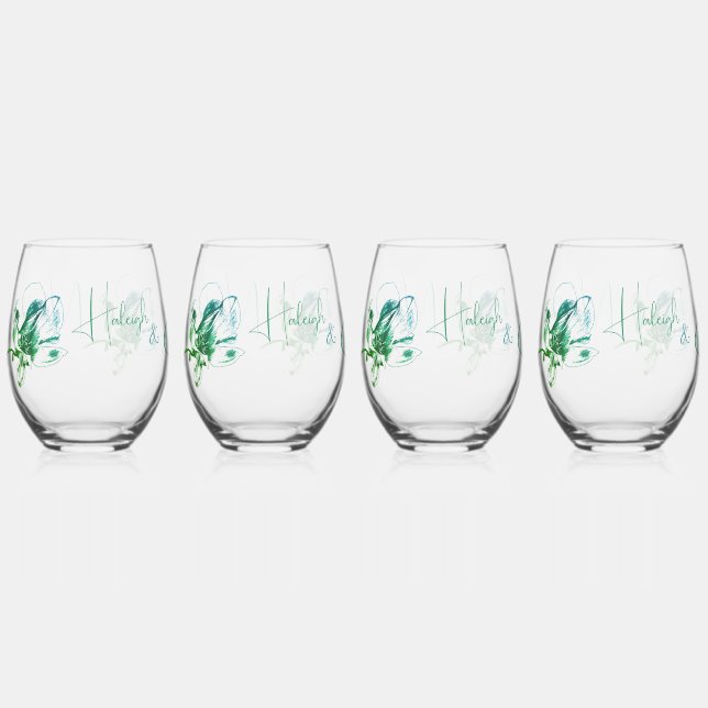 Aqua Green Couples Drinkware Set Stemless Wine Glass (Front)