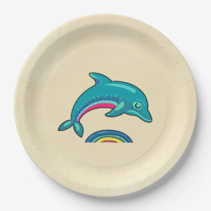 Aqua Green Dolphin Curved Over Rainbow Water Paper Plate