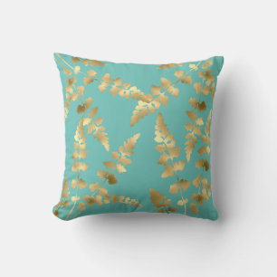 Aqua Green Gold leaf double sided hamptons Cushion