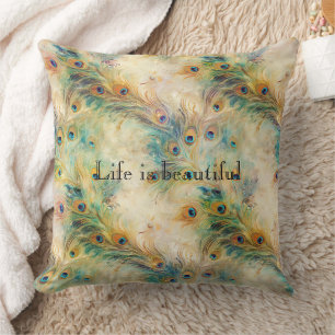 Aqua Green Gold Peacock Feathers Cushion