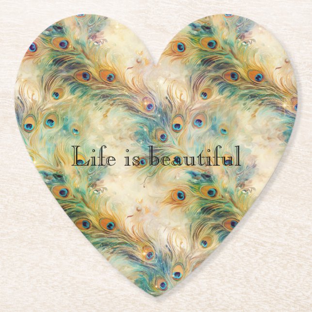 Aqua Green Gold Peacock Feathers Paper Coaster (Front)