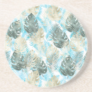 Aqua Green Gold Tropical Leaves Coaster