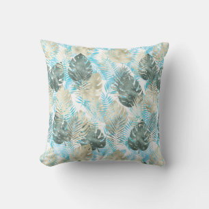 Aqua Green Gold Tropical Leaves   Cushion