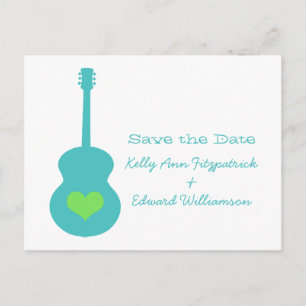 Aqua/Green Guitar Heart Save the Date Postcard