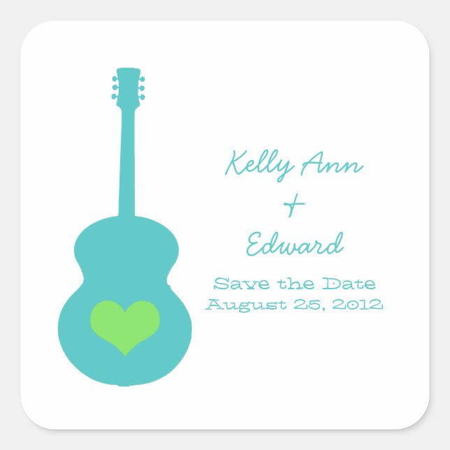 Aqua/Green Guitar Heart Save the Date Stickers (Front)