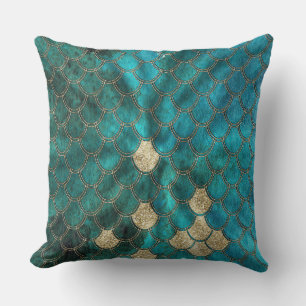 Aqua green Mermaidscales with gold glitter Cushion
