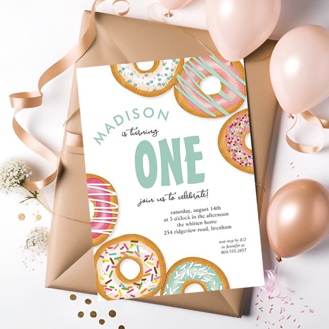 Aqua Green One Doughnut First Birthday Party Invitation (Creator Uploaded)