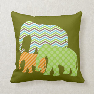 Aqua, Green, Orange Elephants Throw Pillow