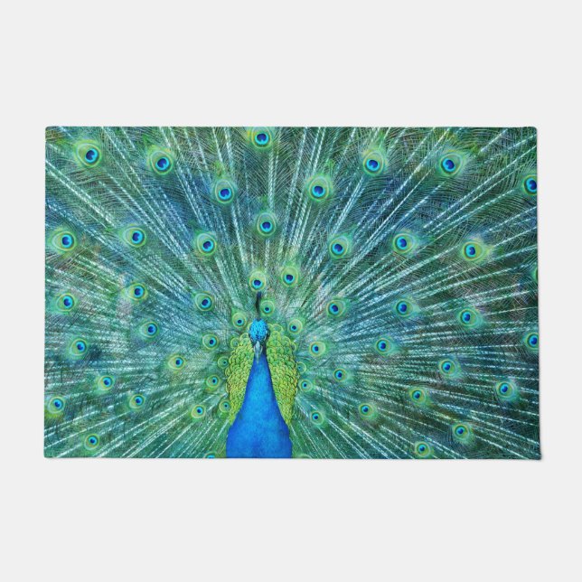 Aqua Green Peacock Feathers Doormat (Front)