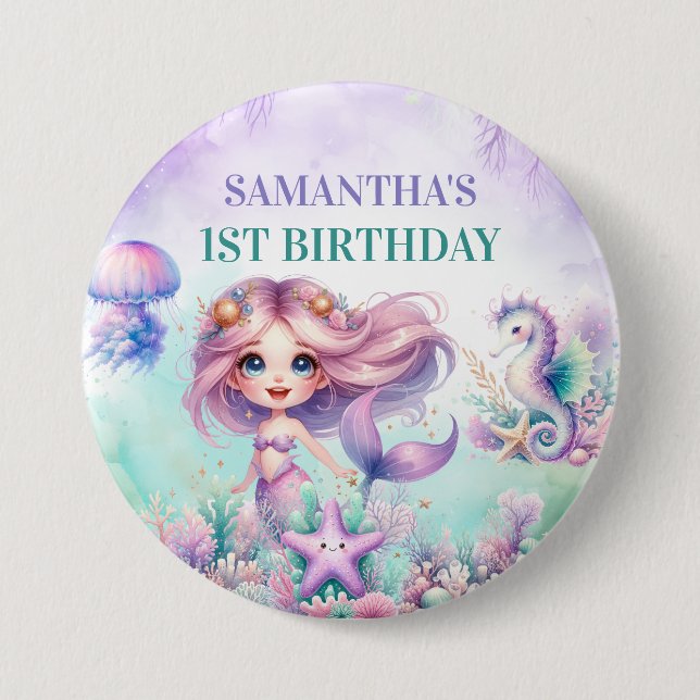 Aqua Green purple Little Mermaid 1st Birthday girl 7.5 Cm Round Badge (Front)