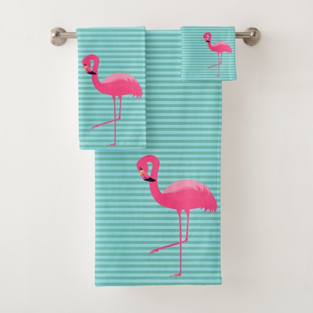 AQUA GREEN STRIPE 2 FLAMINGO BATHROOM TOWEL SET (Insitu)