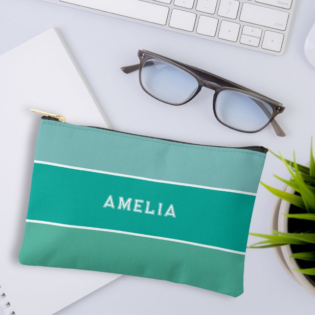 Aqua green stripe varsity monogram accessory pouch (Creator Uploaded)