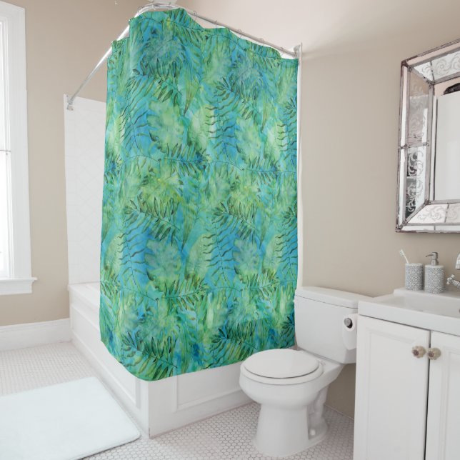 Aqua Green Tropical Hawaii Leaves Watercolor Shower Curtain (In Situ)