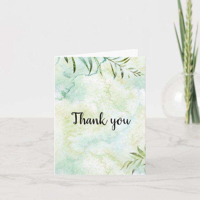 Aqua Green Tropical Leaves Watercolor Thank you (Front)