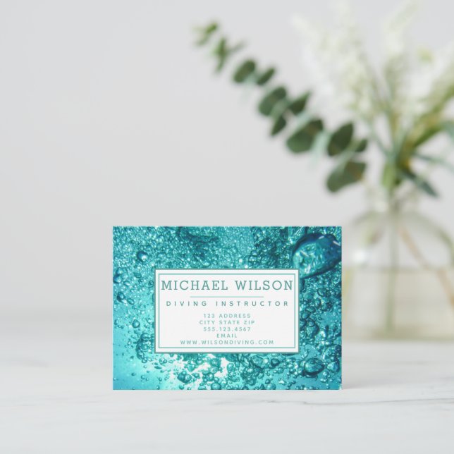 Aqua Green Water Bubbles - Scuba Diving Instructor Business Card (Standing Front)