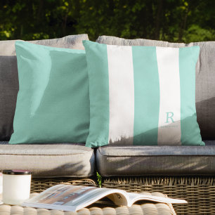 Aqua Green & White Stripes Monogram Name Outdoor Cushion