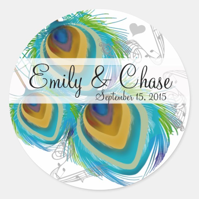 Aqua Grey 3 Peacock Feathers Wedding Sticker (Front)