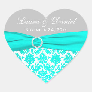 Aqua, Grey, and White Damask Heart Shape Sticker