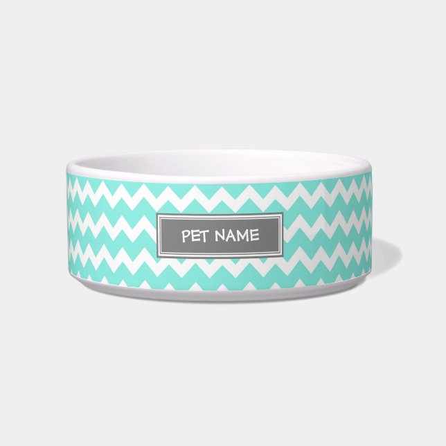 Aqua Grey Chevron Custom Name Cat Bowl (Front)