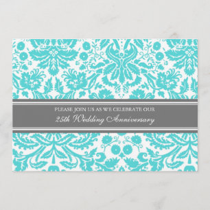 Aqua Grey Damask 25th Anniversary Invitation