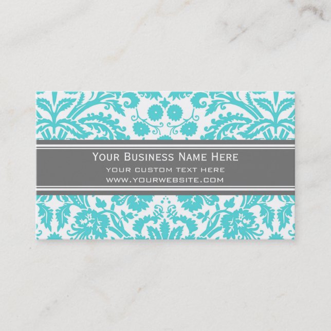 Aqua Grey Damask Floral Business Cards (Front)