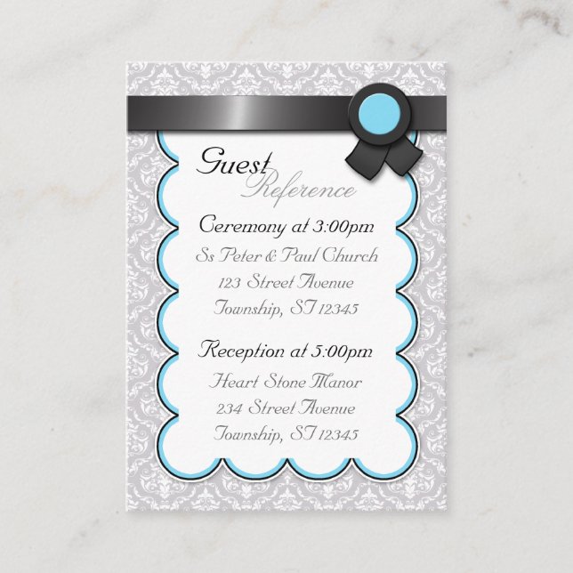 Aqua & Grey Damask Wedding Guest Reference Cards (Front)