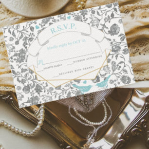 Aqua Grey Floral Pattern Blue Love Bird Wedding Invitation
