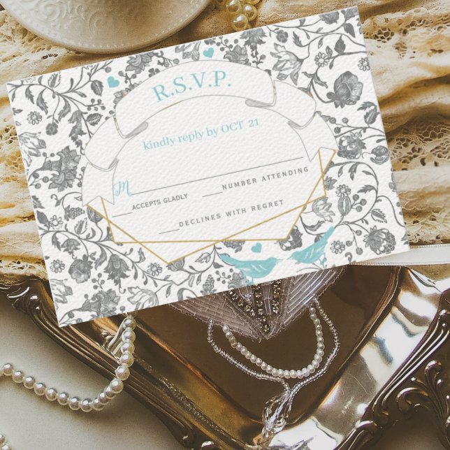 Aqua Grey Floral Pattern Blue Love Bird Wedding Invitation (Creator Uploaded)